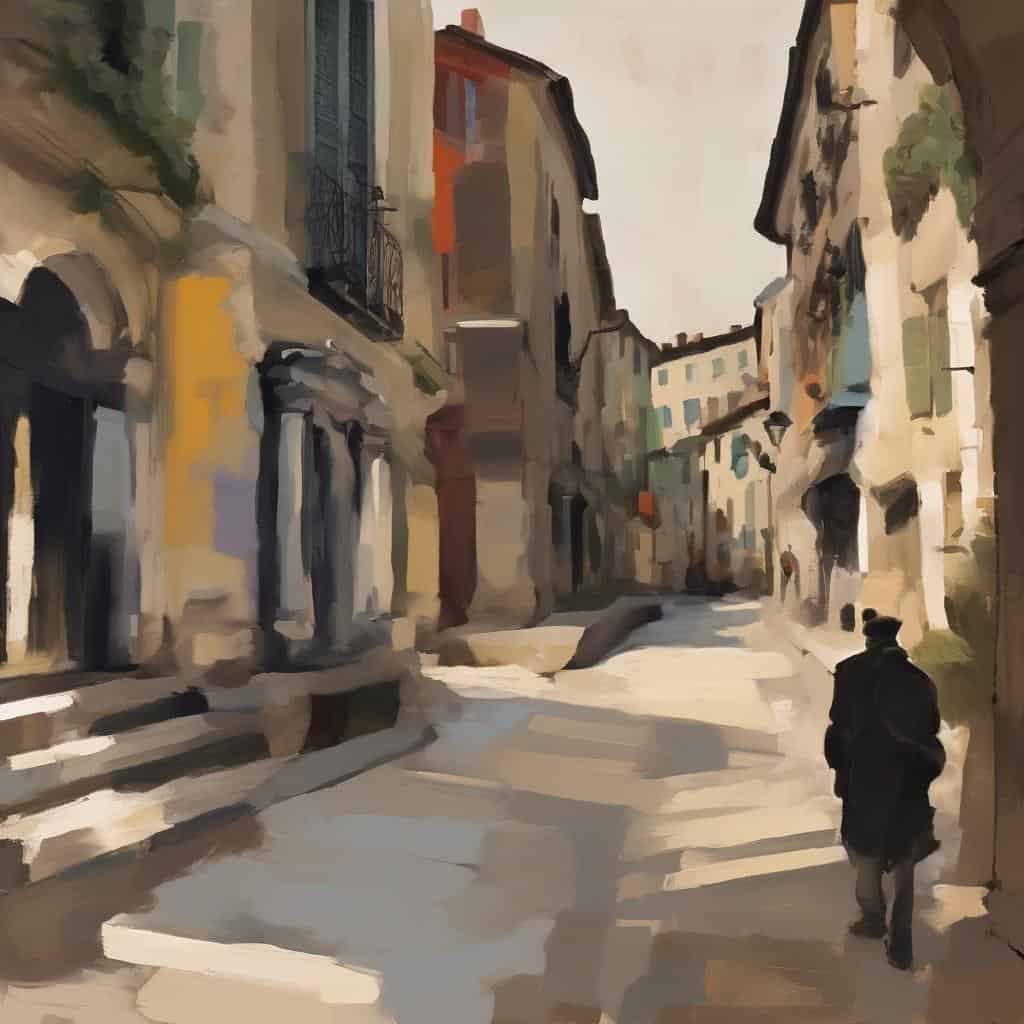 Παραδοσιακός δρόμος στην Αθήνα με έντονα χρώματα και αφηρημένη τέχνη, εμπνευσμένο από χρήση του χρώματος στην αφηρημένη τέχνη.