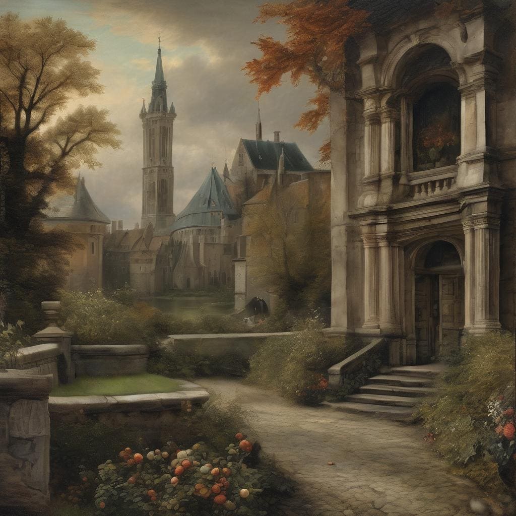 Παραδοσιακή Πανόμορφη πόλη με αρχαία αρχιτεκτονική και χρωματικά στοιχεία, ενισχύοντας την αισθητική της αφηρημένης τέχνης.