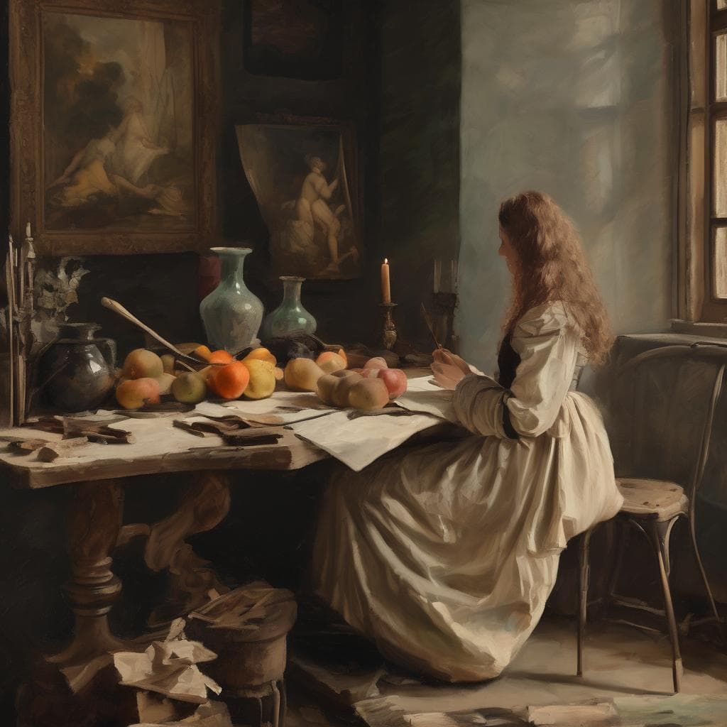 Άνθρωπος γυναίκα ζωγραφίζει σε παραδοσιακό εσωτερικό με φρούτα και πίνακες, εστίαση στην χρήση του χρώματος.