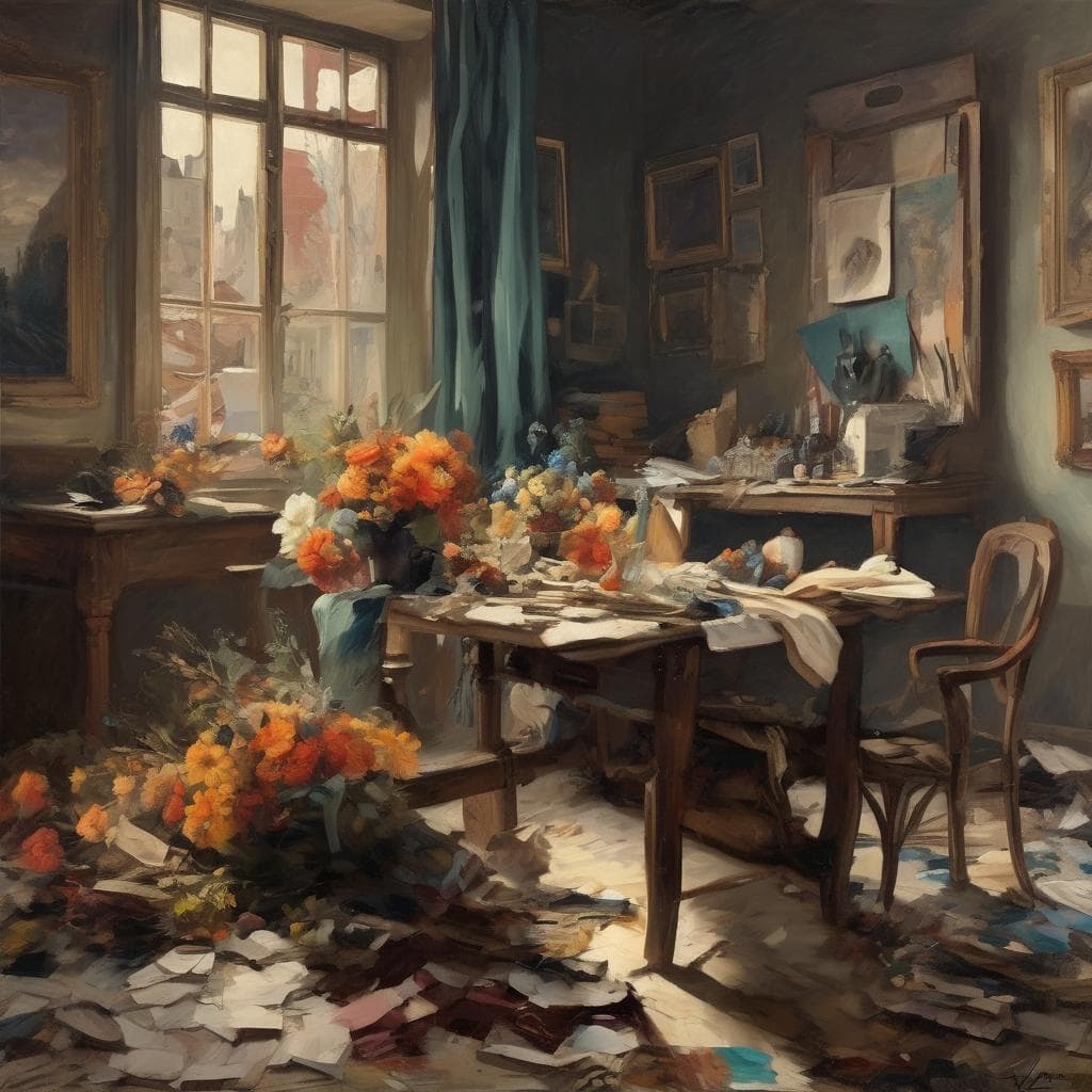 Φωτογραφία από το εσωτερικό ενός στούντιο ζωγραφικής με λουλούδια και έργα αφηρημένης τέχνης, όπου η χρήση του χρώματος αναδεικνύεται.